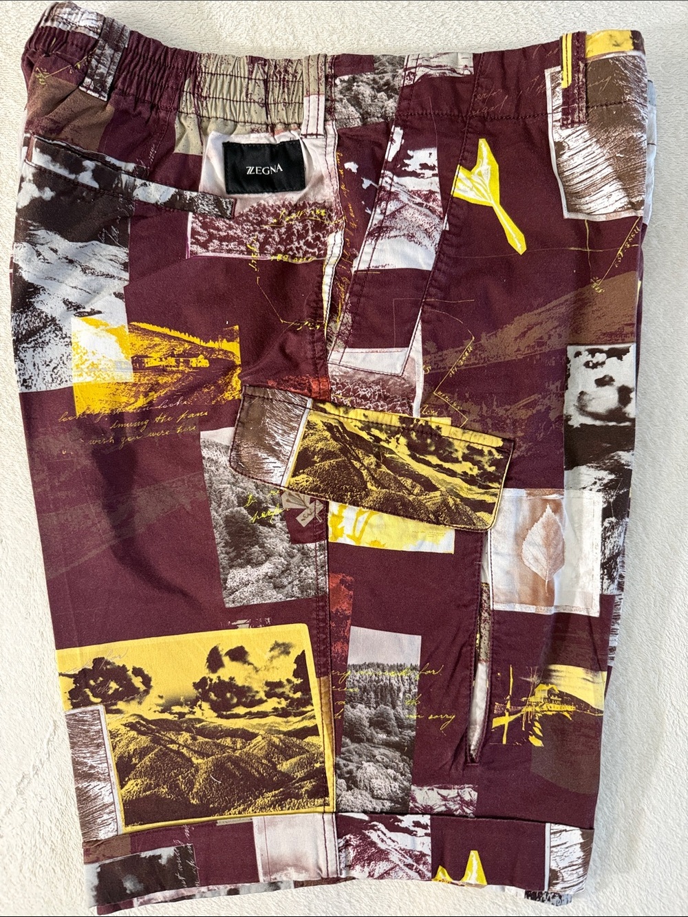 Z Zegna Maroon Bermuda shorts with Yellow & Gray Photo-Print